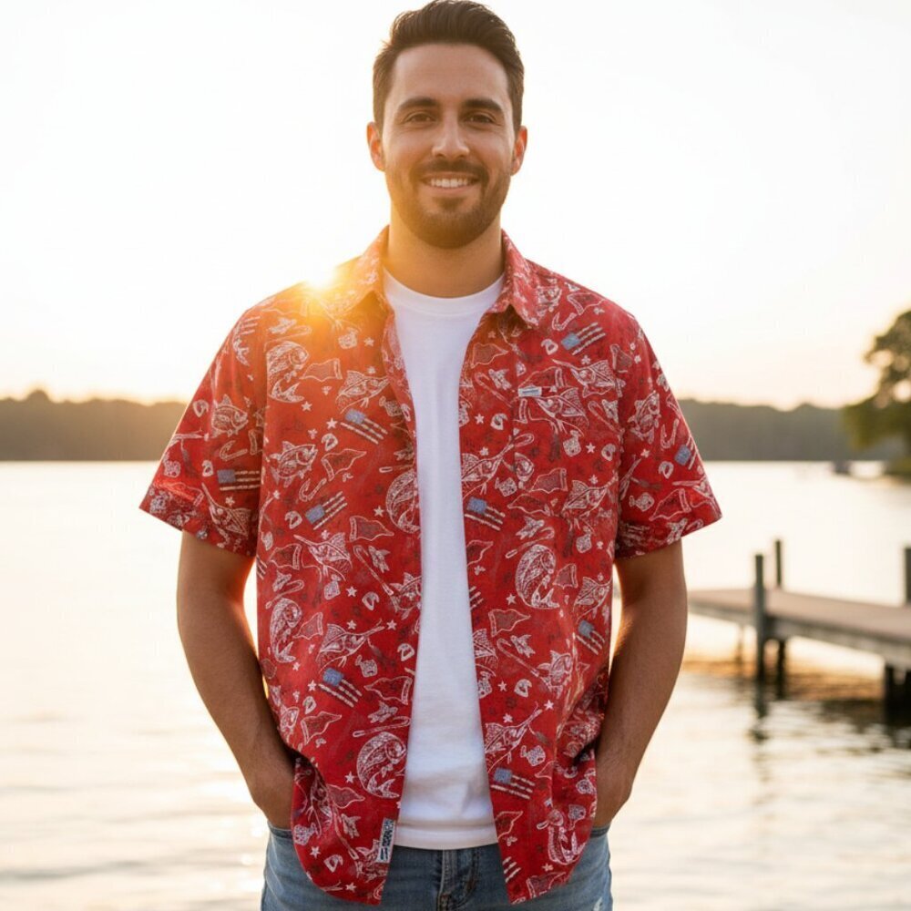 Columbia PFG Patriotic Fish & Flag Print Button-Up Shirt | Red/white/blue | XL